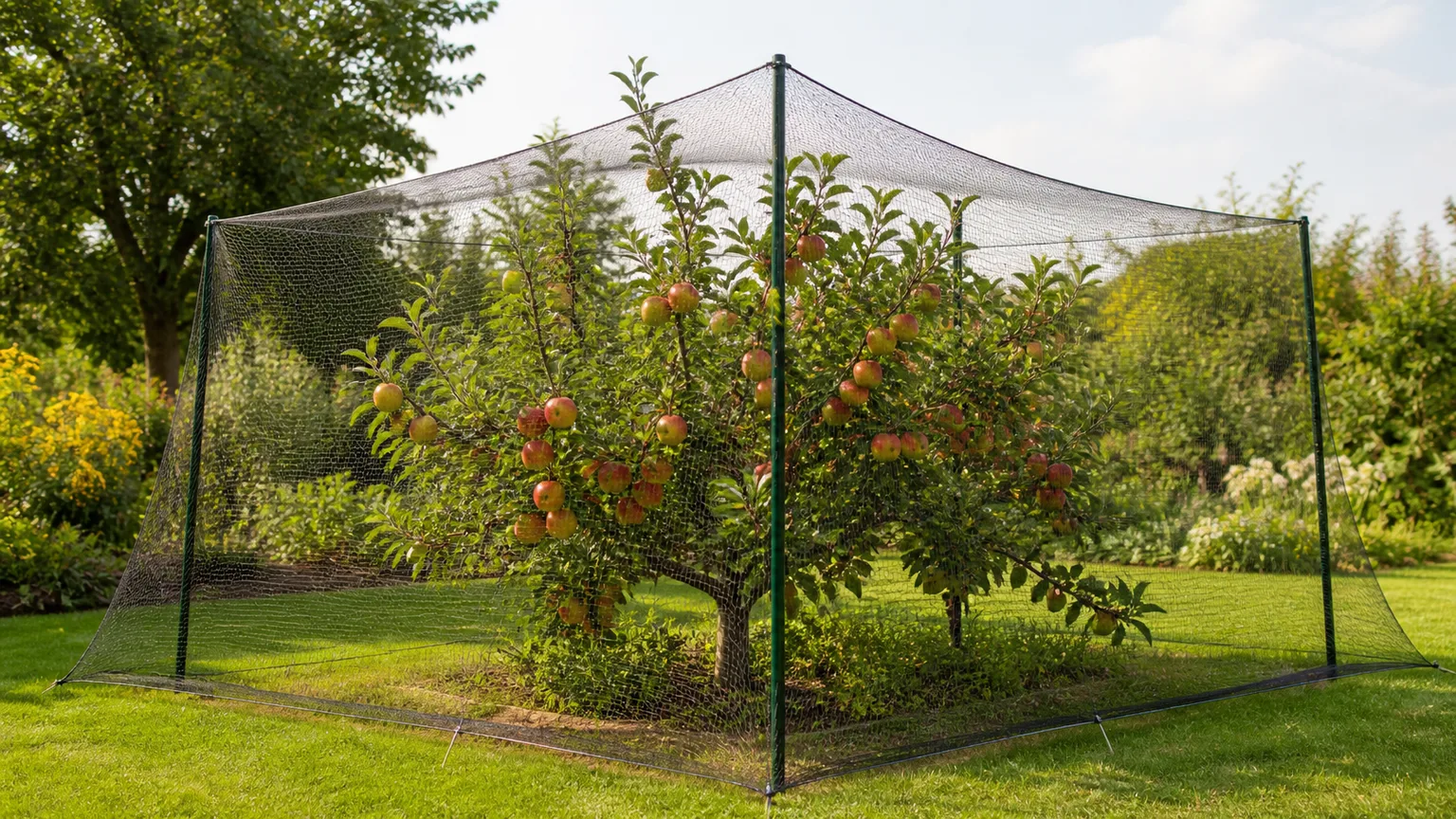 Small apple tree enclosed in taut bird netting over a simple garden frame