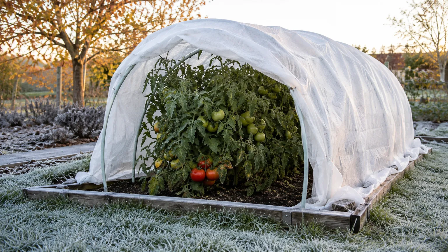 Tomato plants protected under a frost-cloth tunnel in a frosty fall garden