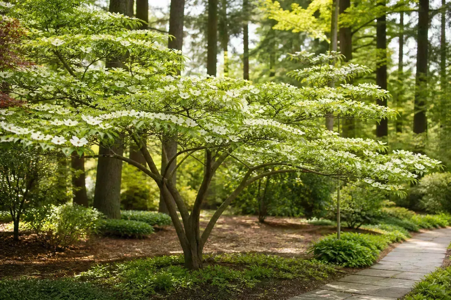 Healthy flowering dogwood tree covered in white bracts in a lightly shaded woodland garden