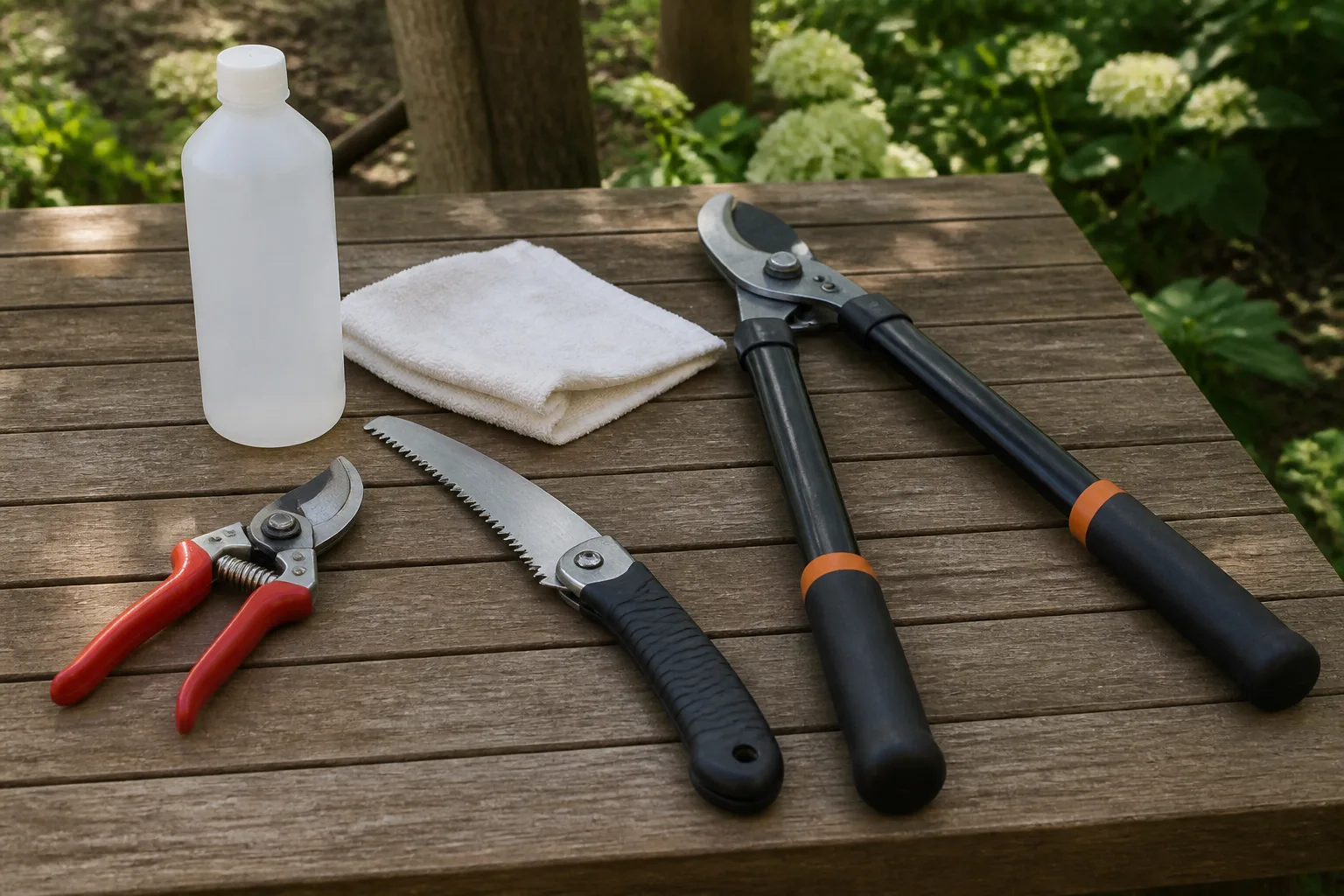 Pruning saw, hand pruners, loppers, and cleaning supplies arranged on a garden table.