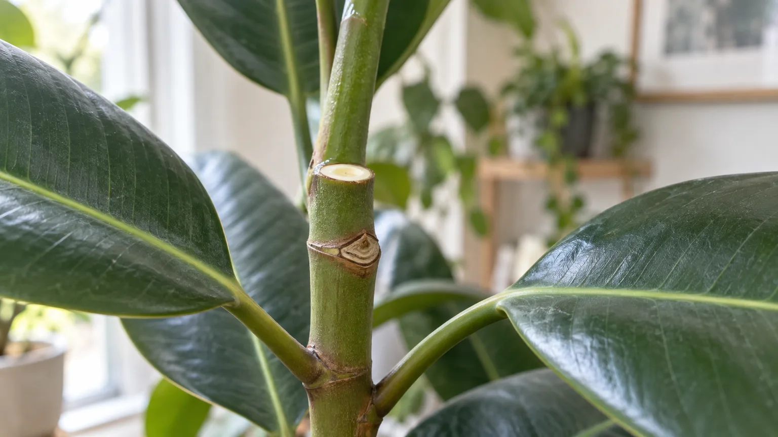 Close view of a rubber plant stem with a leaf node below a clean pruning cut