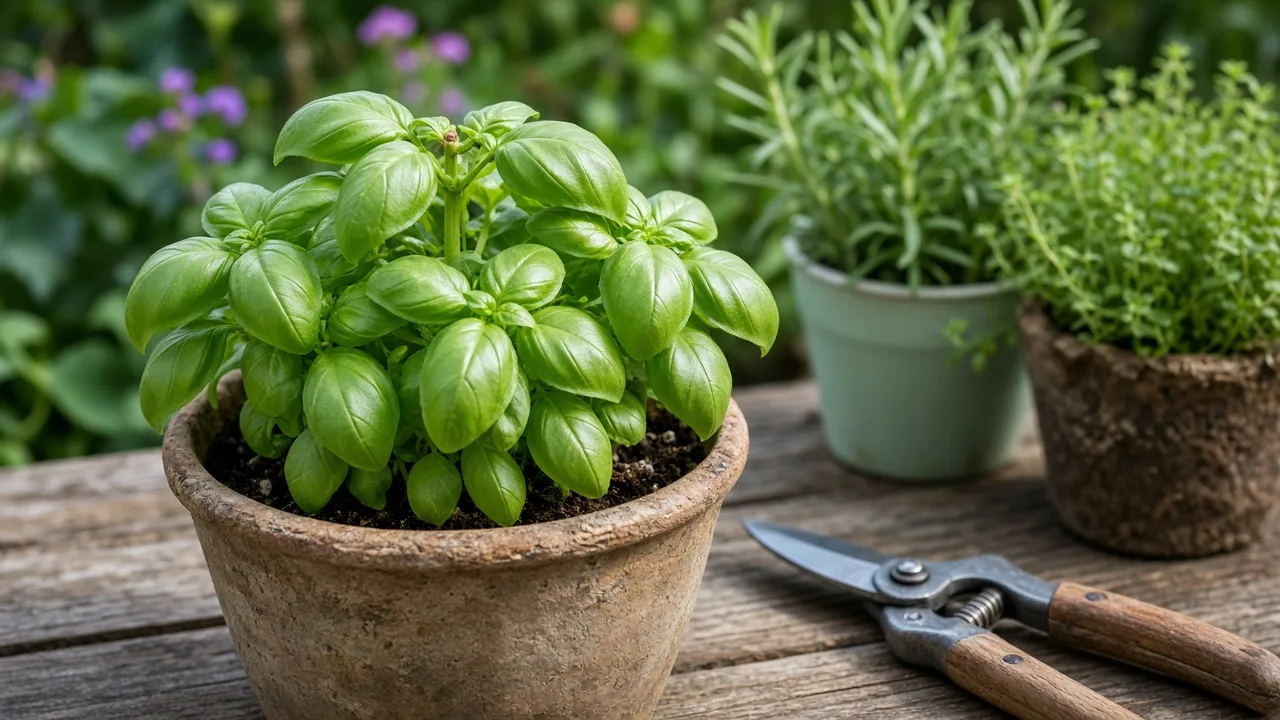 Healthy basil plant in a pot beside pruning shears