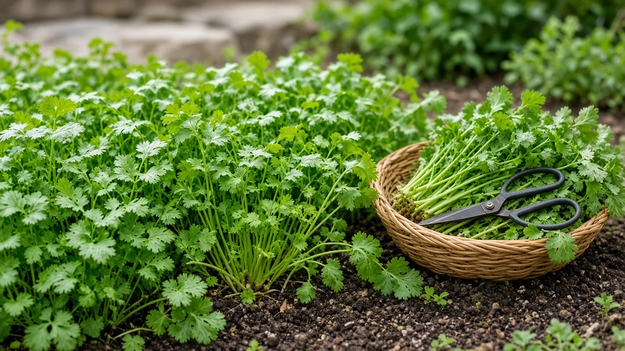 A mature cilantro patch with a basket of freshly cut stems ready for harvest