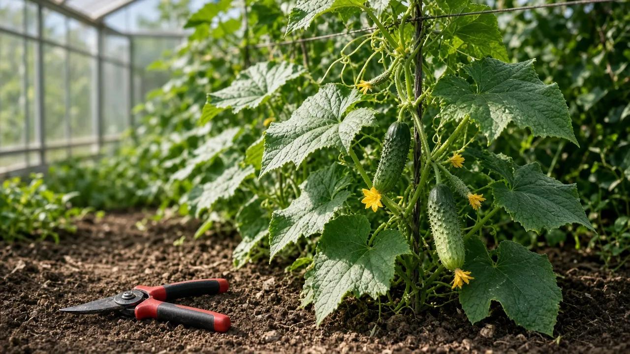 Healthy cucumber vines climbing a trellis with developing fruit in a sunny vegetable bed