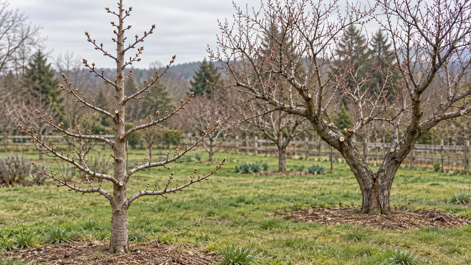 Dormant apple and peach trees pruned into central-leader and open-center shapes in a backyard orchard