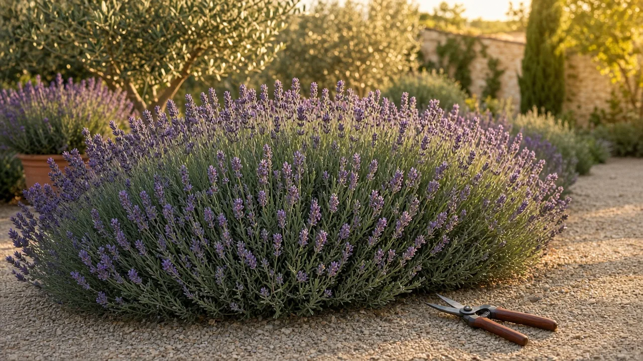 Healthy lavender mound with silvery foliage and purple flower spikes in bright sun