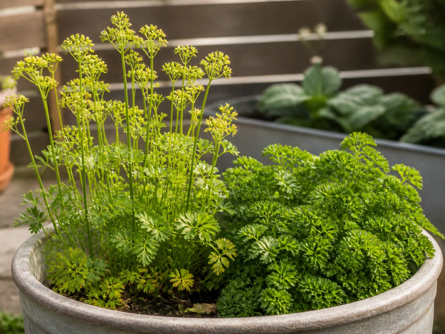 Parsley with tall flower stalks beside a compact leafy plant, showing the choice between bolting and continued harvest