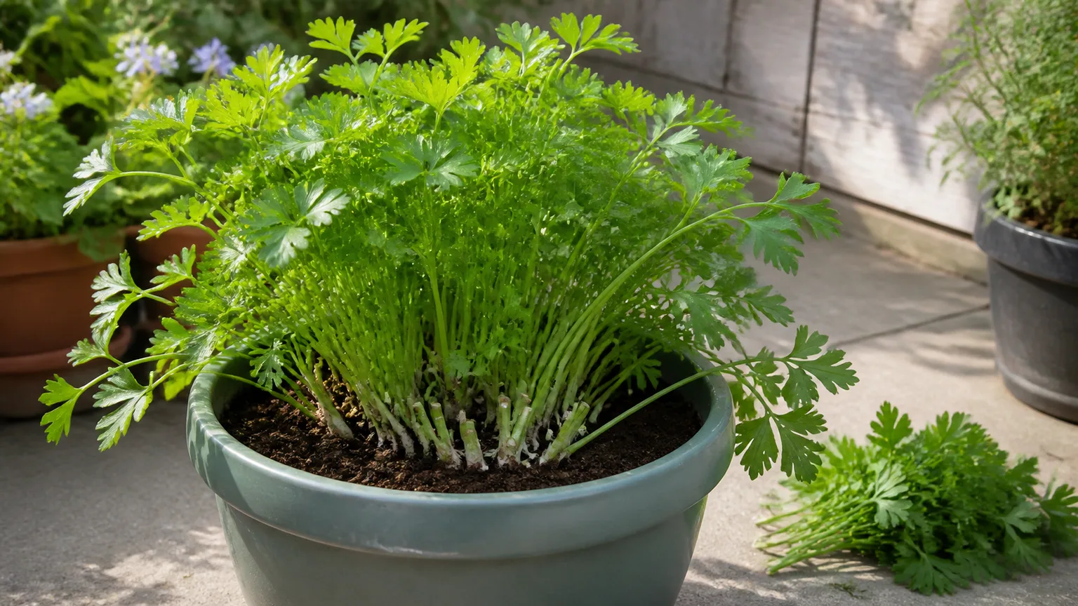 Healthy parsley with older outer stems cut low near the crown and a fresh harvest beside the pot