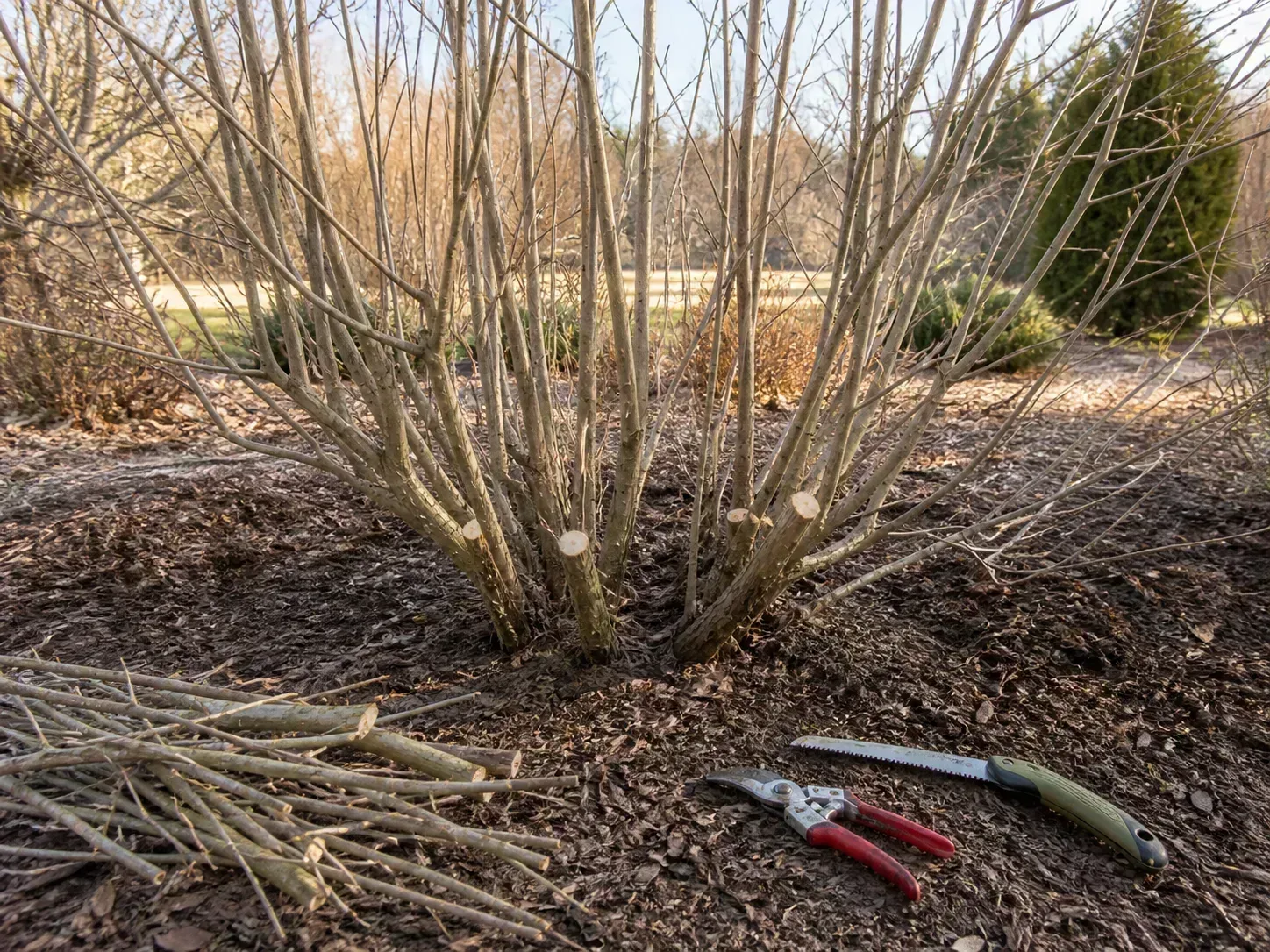 A mature Rose of Sharon with selective old stems removed at the base while younger stems remain for staged renewal