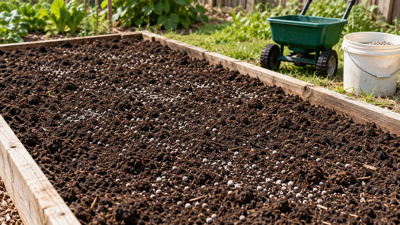 A light, even application of pelletized garden lime across a prepared raised bed before planting