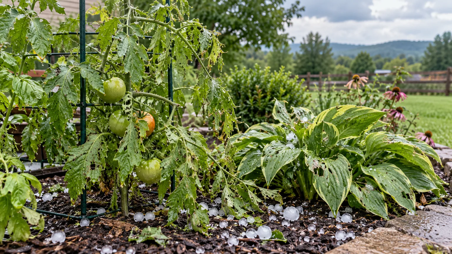 A Tennessee vegetable bed after hail, with torn leaves and hailstones on the soil