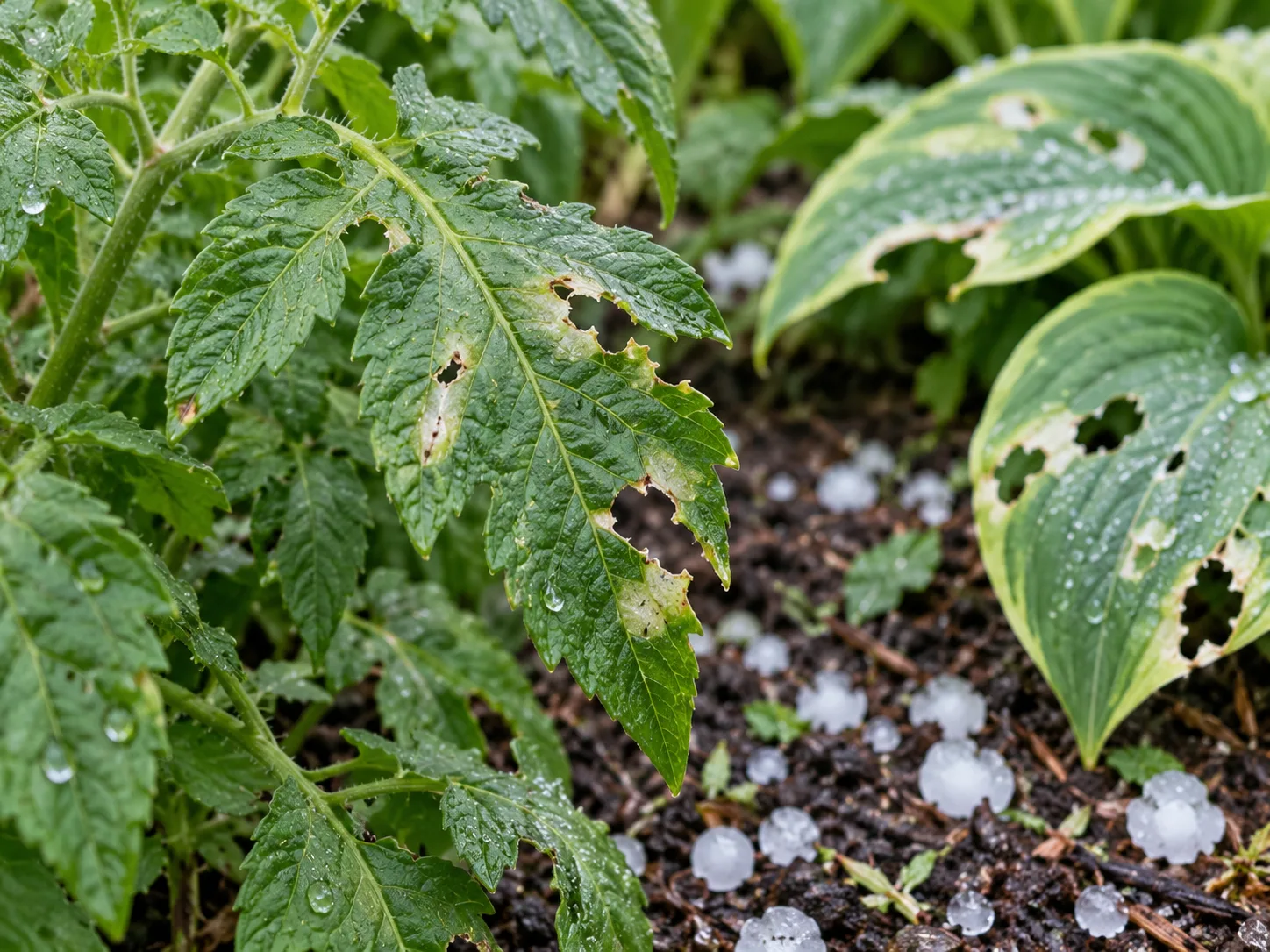 Close view of tomato and hosta leaves with fresh hail holes and torn margins