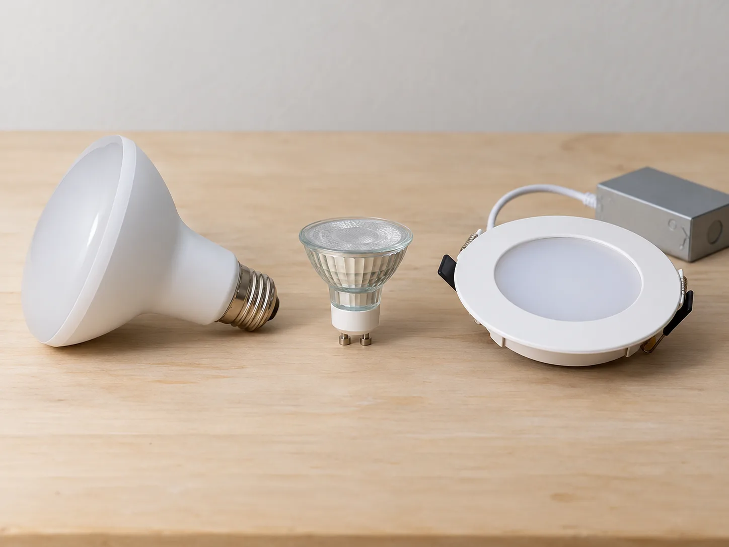 A screw-base reflector bulb, a GU10 twist-lock spotlight, and an integrated LED module shown side by side