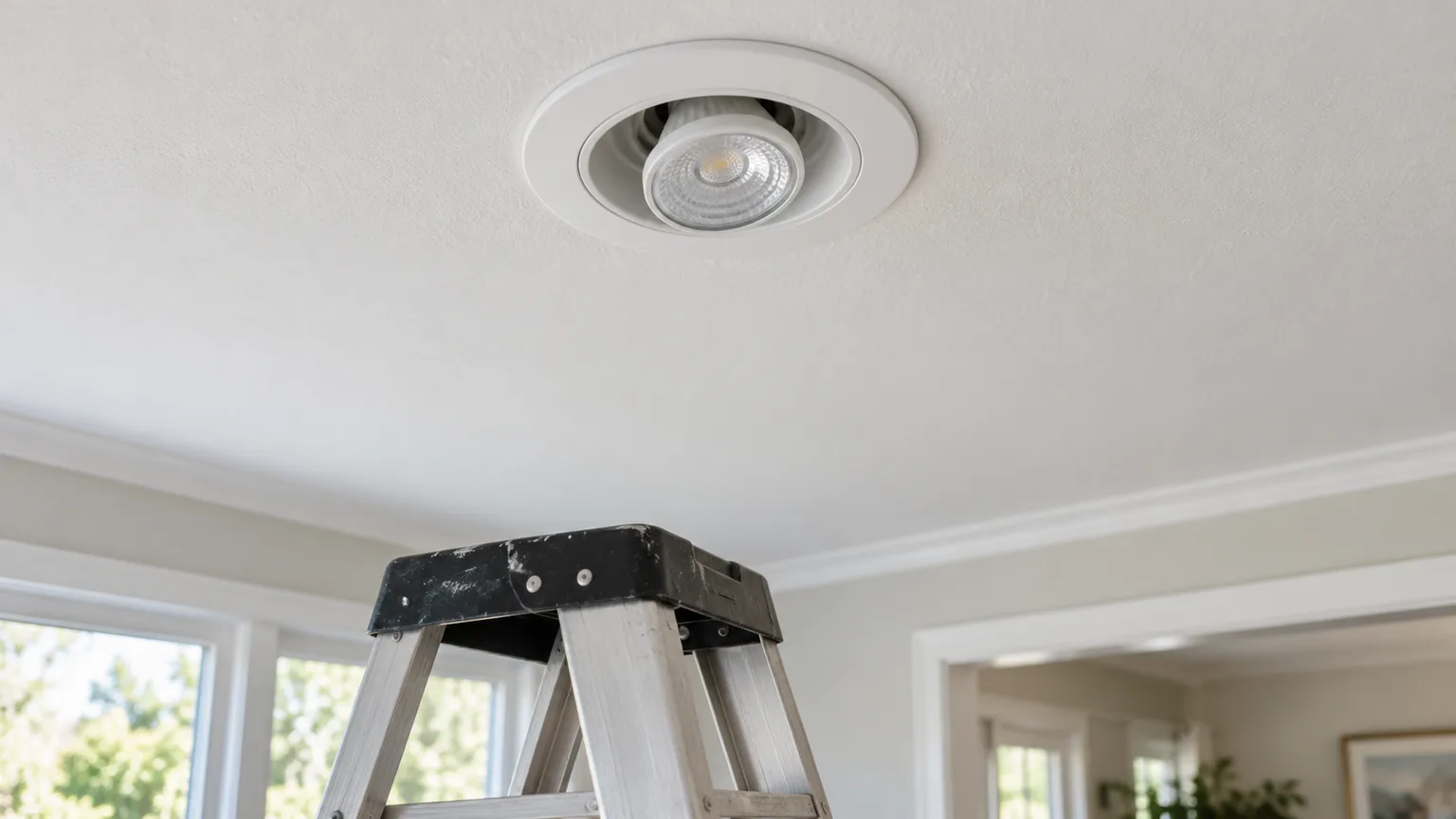 Recessed ceiling light and stable ladder beneath the bulb