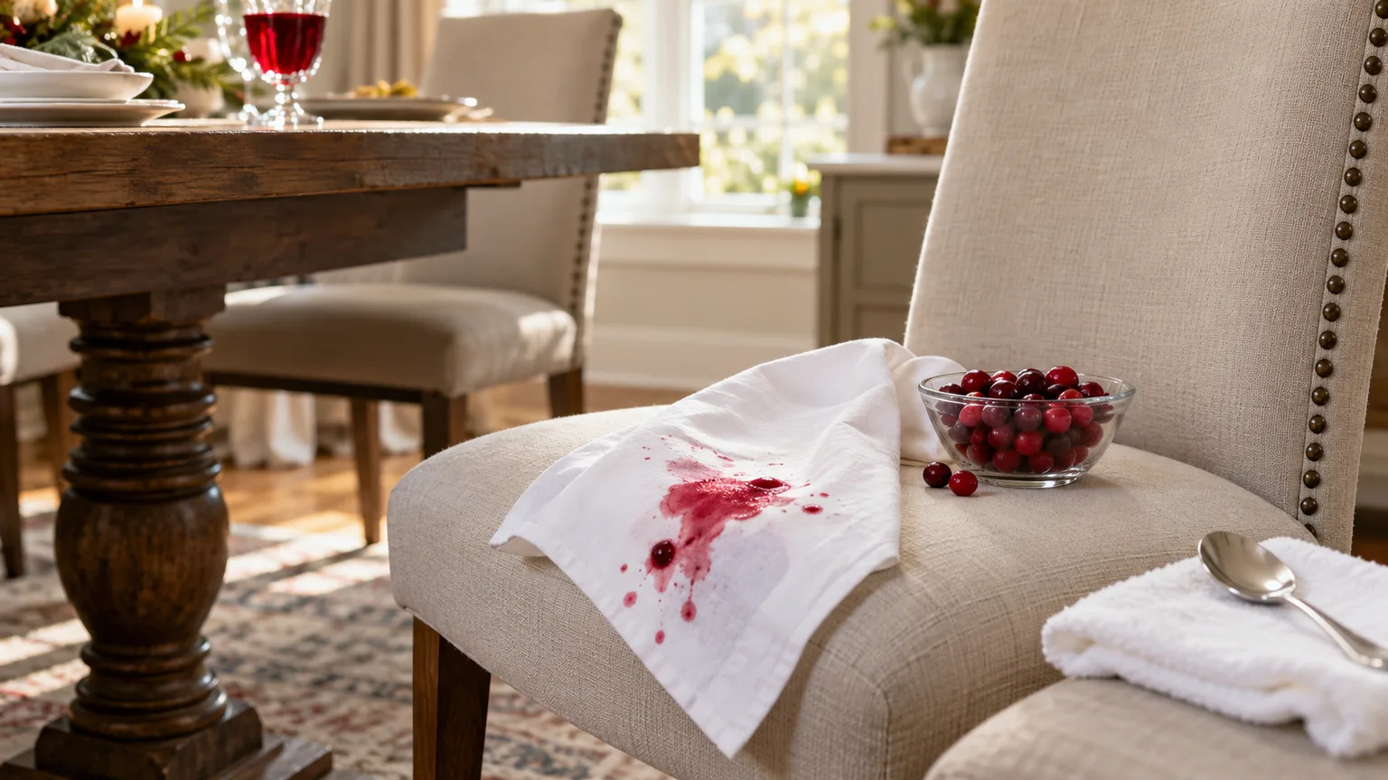 Cranberry juice stain on a white cloth draped over a dining chair beside fresh cranberries