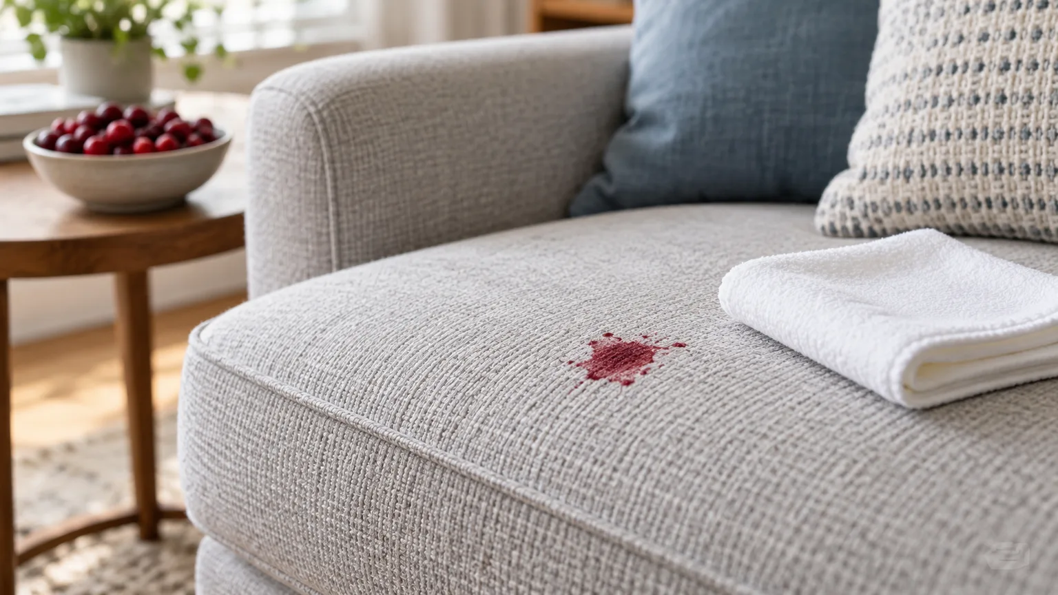 A contained cranberry juice stain on a light gray sofa cushion beside a clean white cloth
