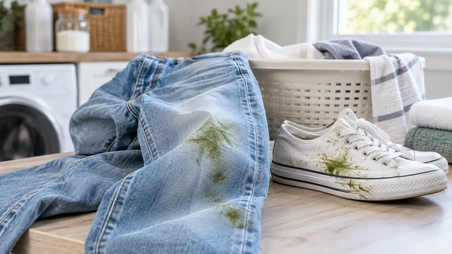 Grass-stained jeans and canvas shoes ready for laundry pretreatment