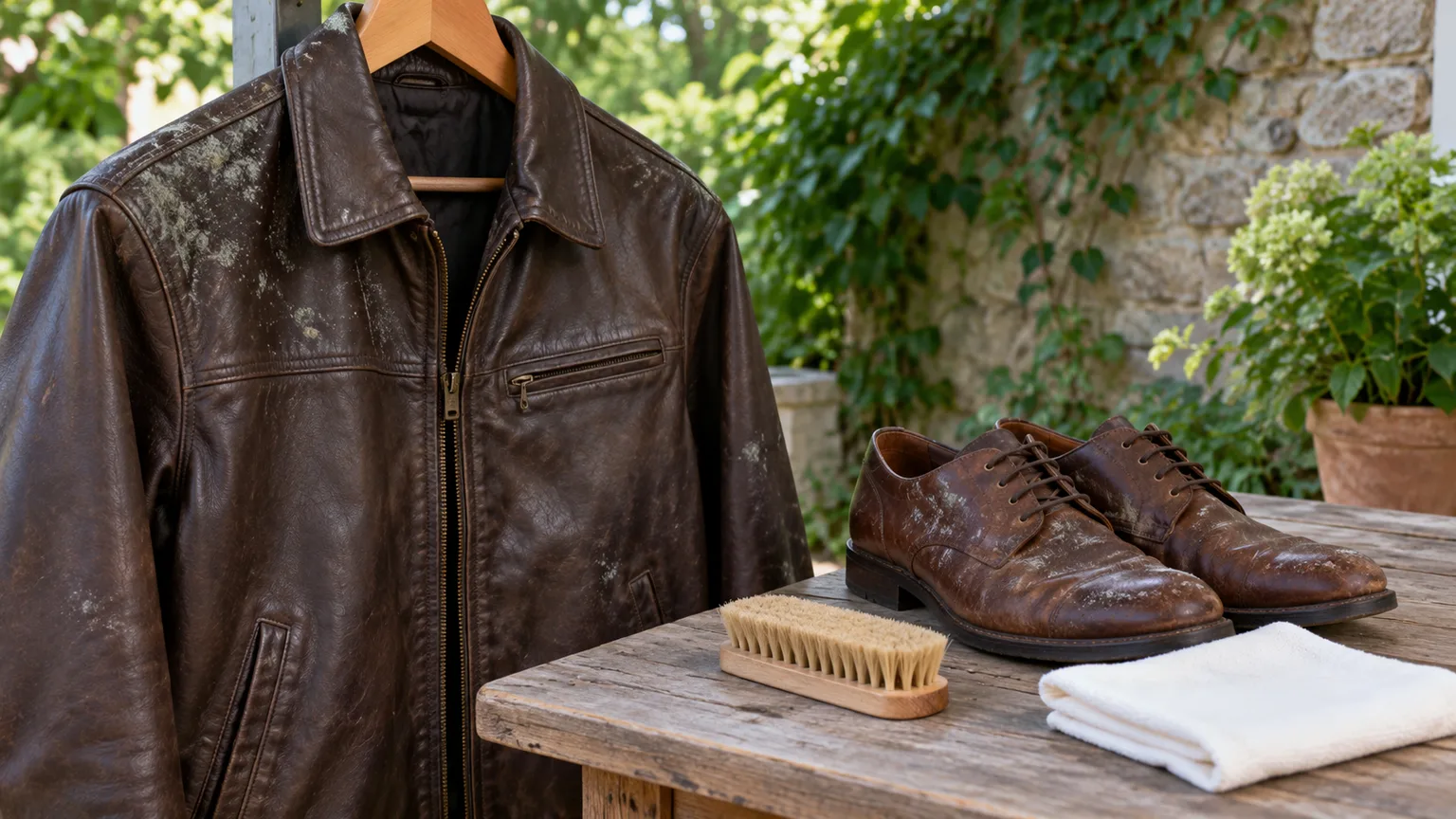Mold spots on a leather jacket and leather shoes beside a soft brush and cloth