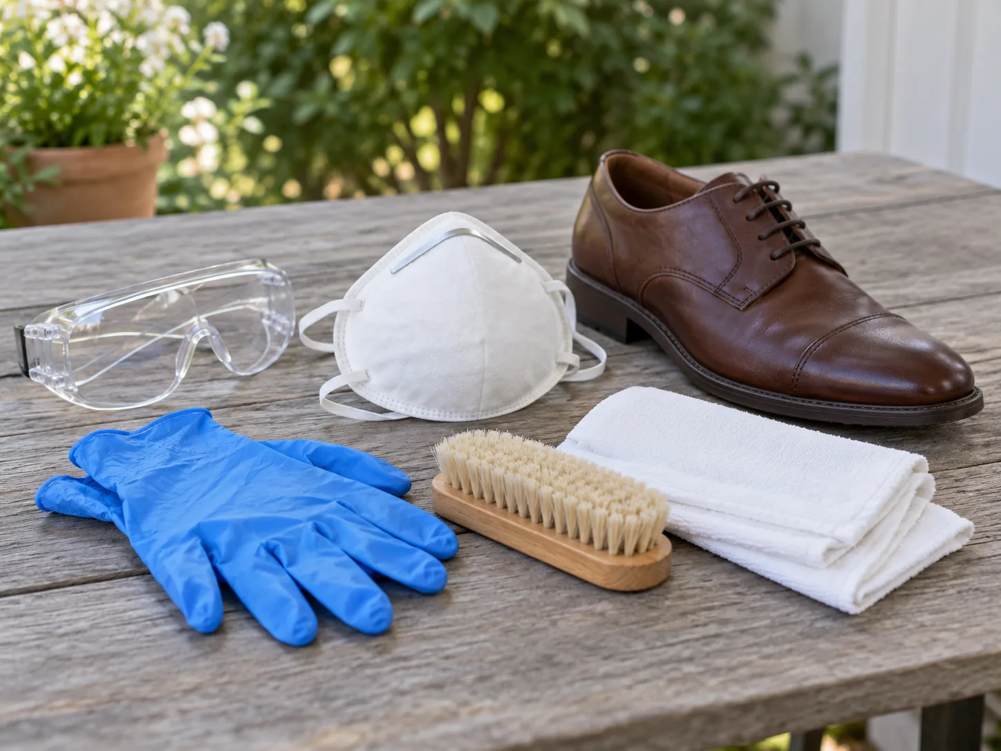 Gloves, N95 respirator, goggles, soft brush, white cloths, and a leather shoe arranged for a small mold cleanup