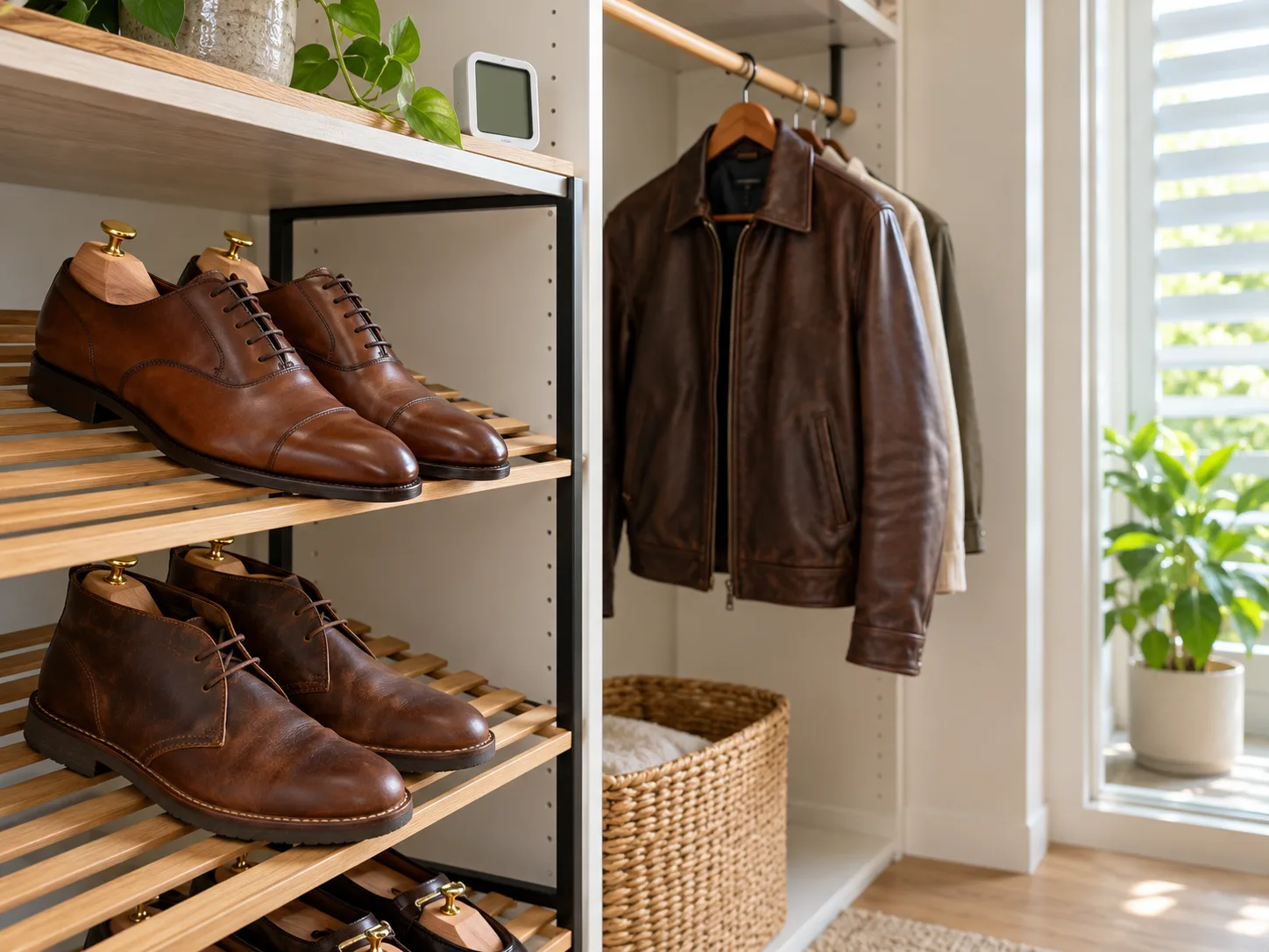 Clean leather shoes spaced on a ventilated rack and a jacket hanging with room around it in a dry closet