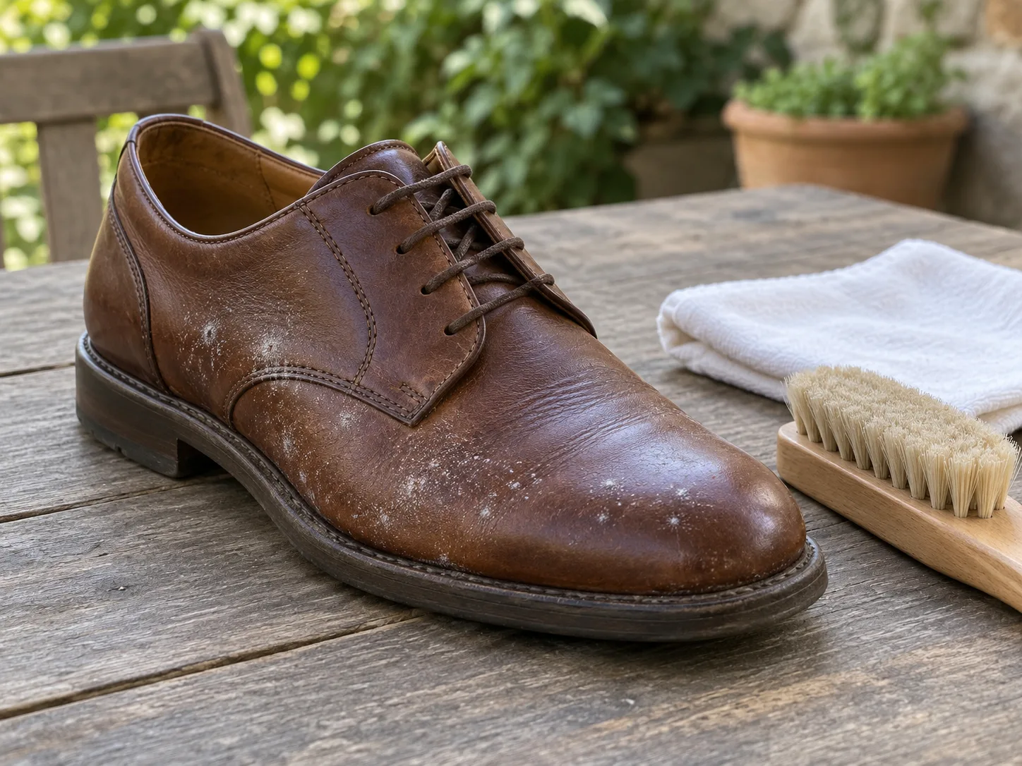 A dry, smooth leather shoe with a soft brush and clean cloth ready for gentle surface cleaning