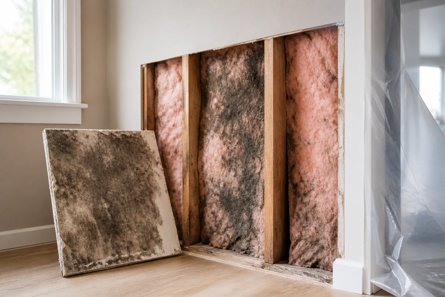 Open wall cavity exposing mold on studs and insulation during interior mold remediation