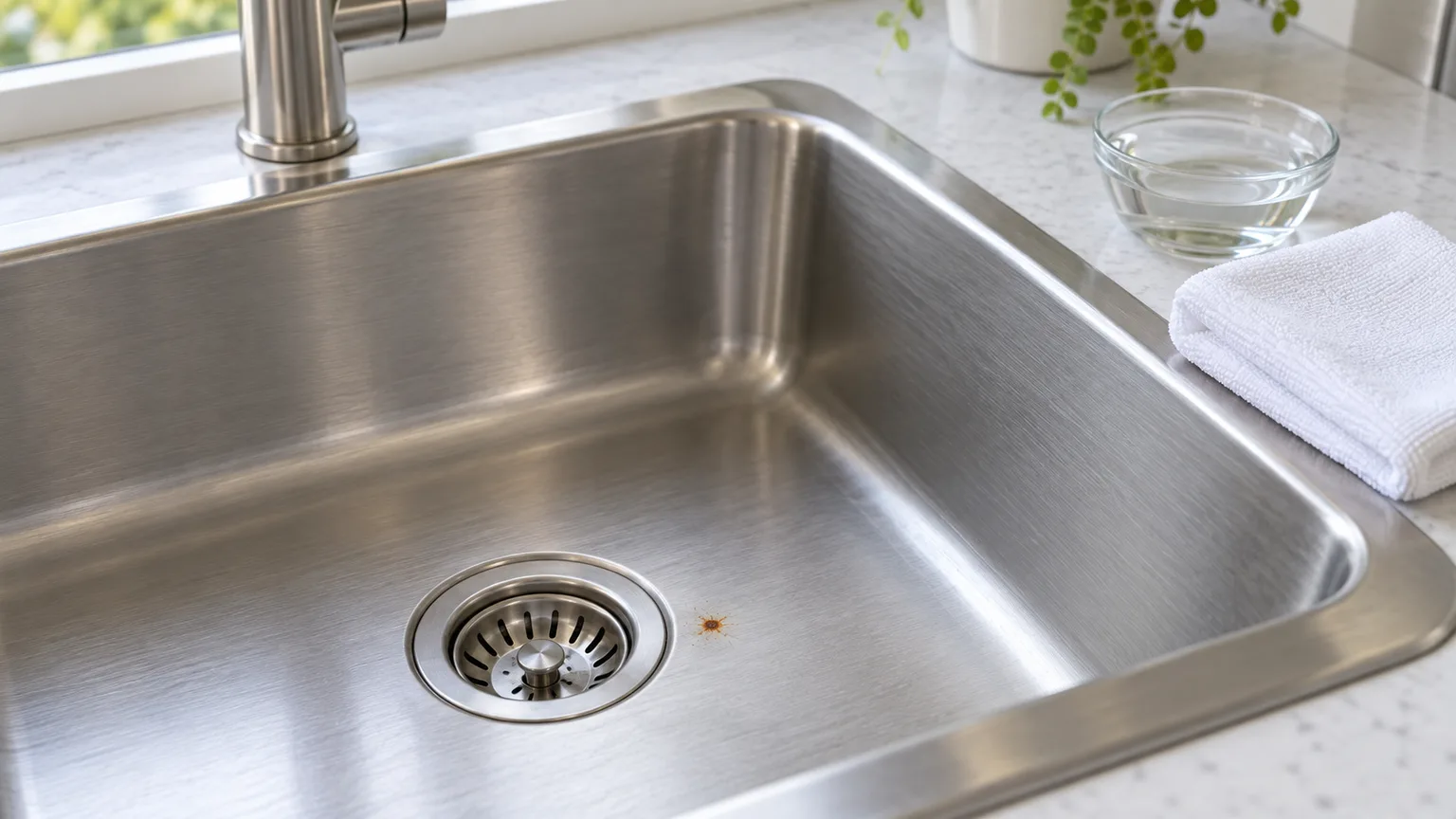 A small orange rust-transfer spot on an intact brushed stainless-steel sink beside a clean microfiber cloth