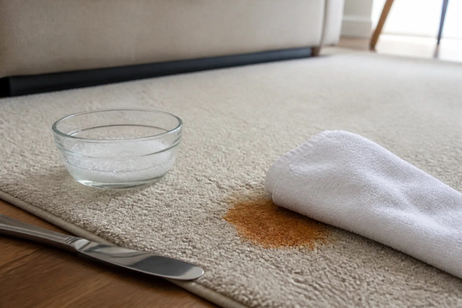 White cloth blotting a reddish-orange rust stain on light beige carpet beside a bowl of soapy water