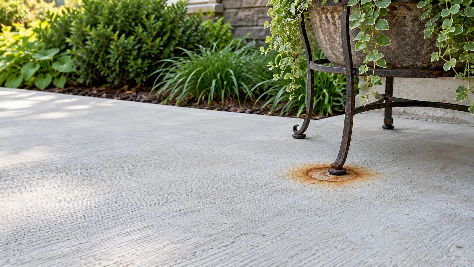 Rust ring beneath a metal planter stand on a concrete patio