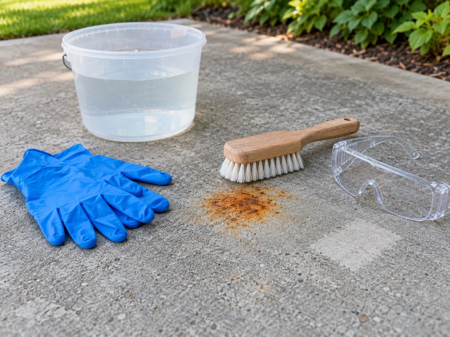 Nylon brush, water bucket, gloves, and eye protection beside a rust spot on plain concrete