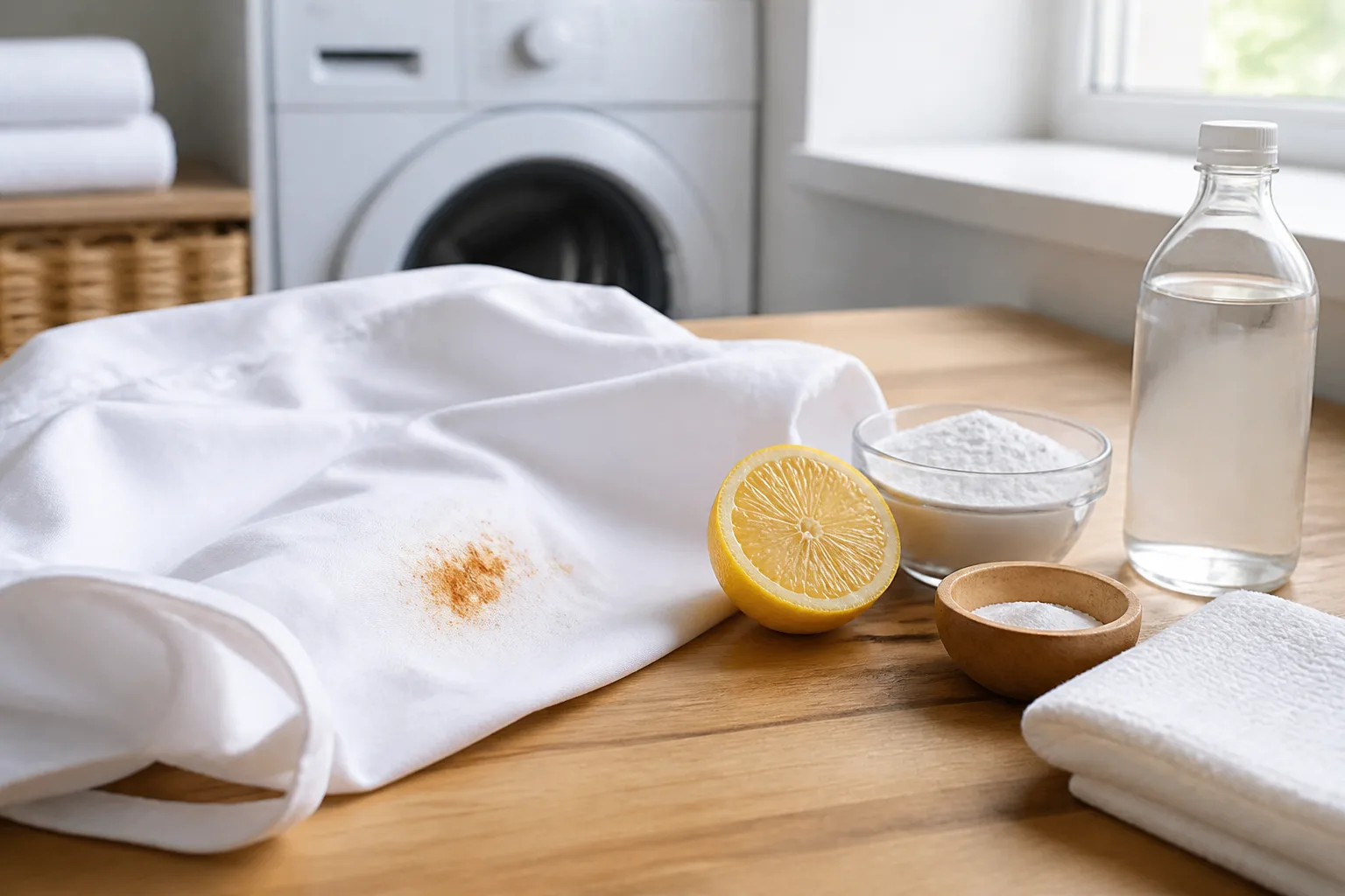 White shirt with an orange rust stain beside lemon, salt, vinegar, and cleaning cloths on a laundry counter