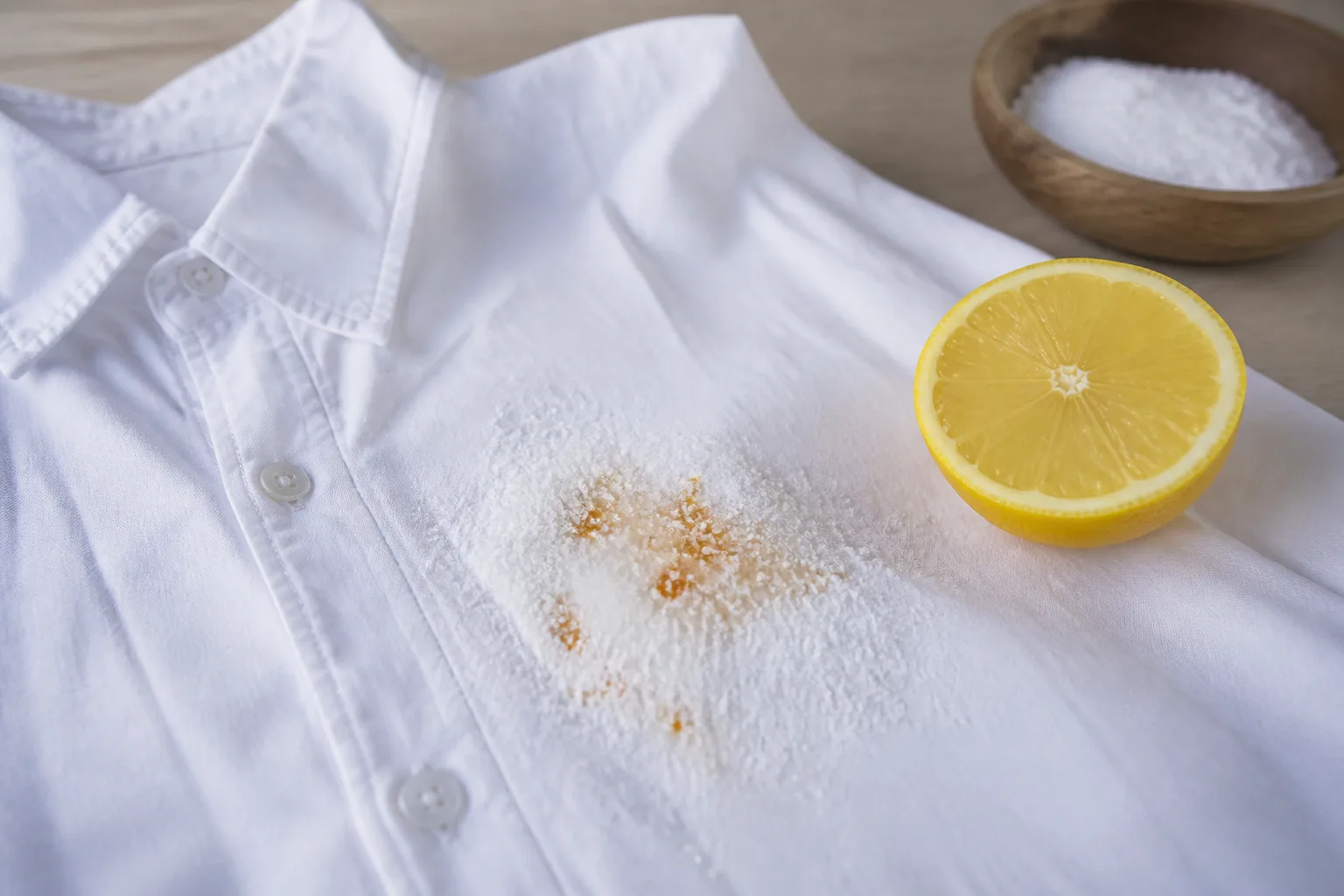 Table salt and fresh lemon juice applied to an orange rust stain on a white cotton shirt