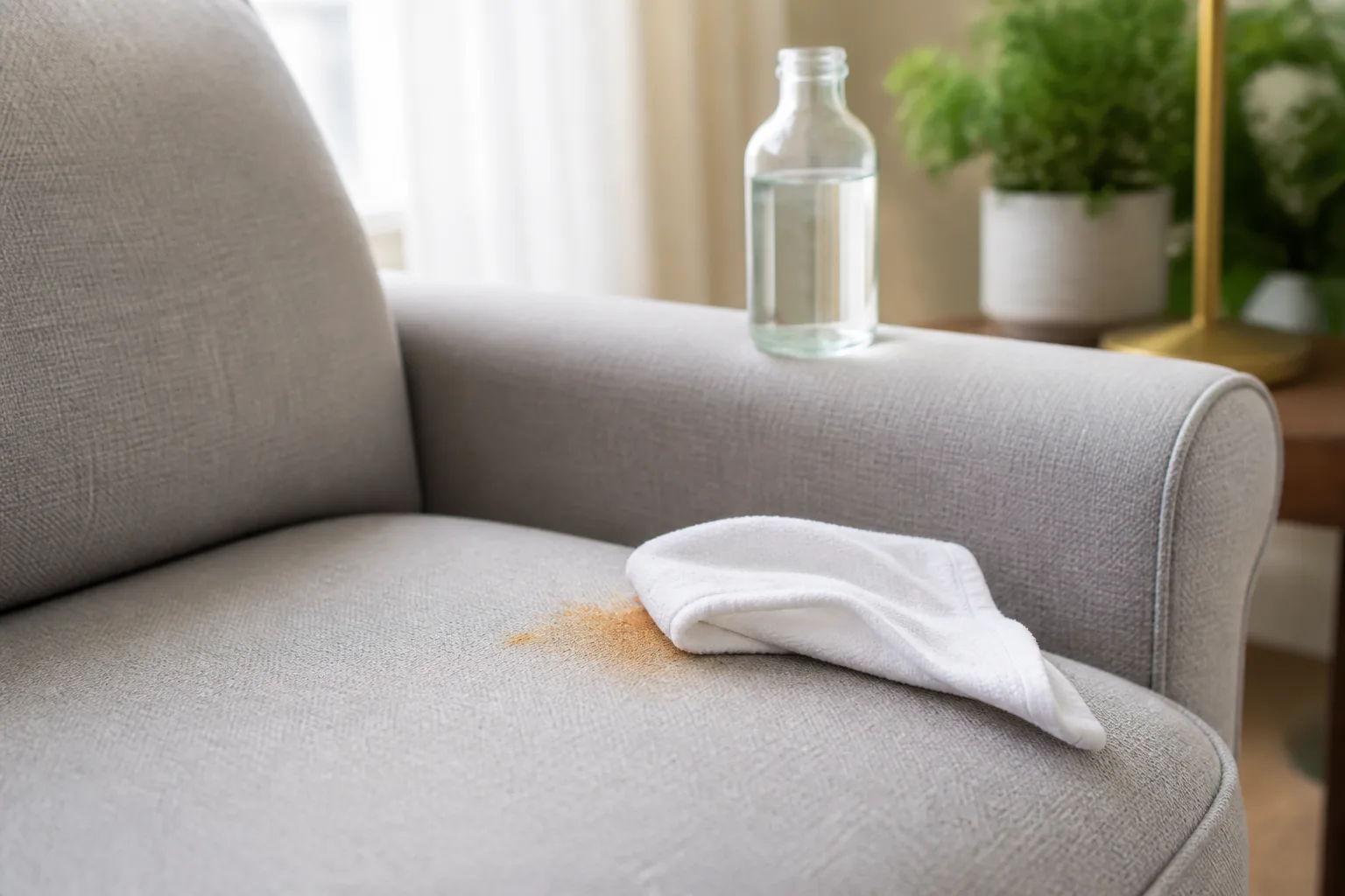 White vinegar-dampened cloth blotting a rust stain on a gray fabric sofa cushion