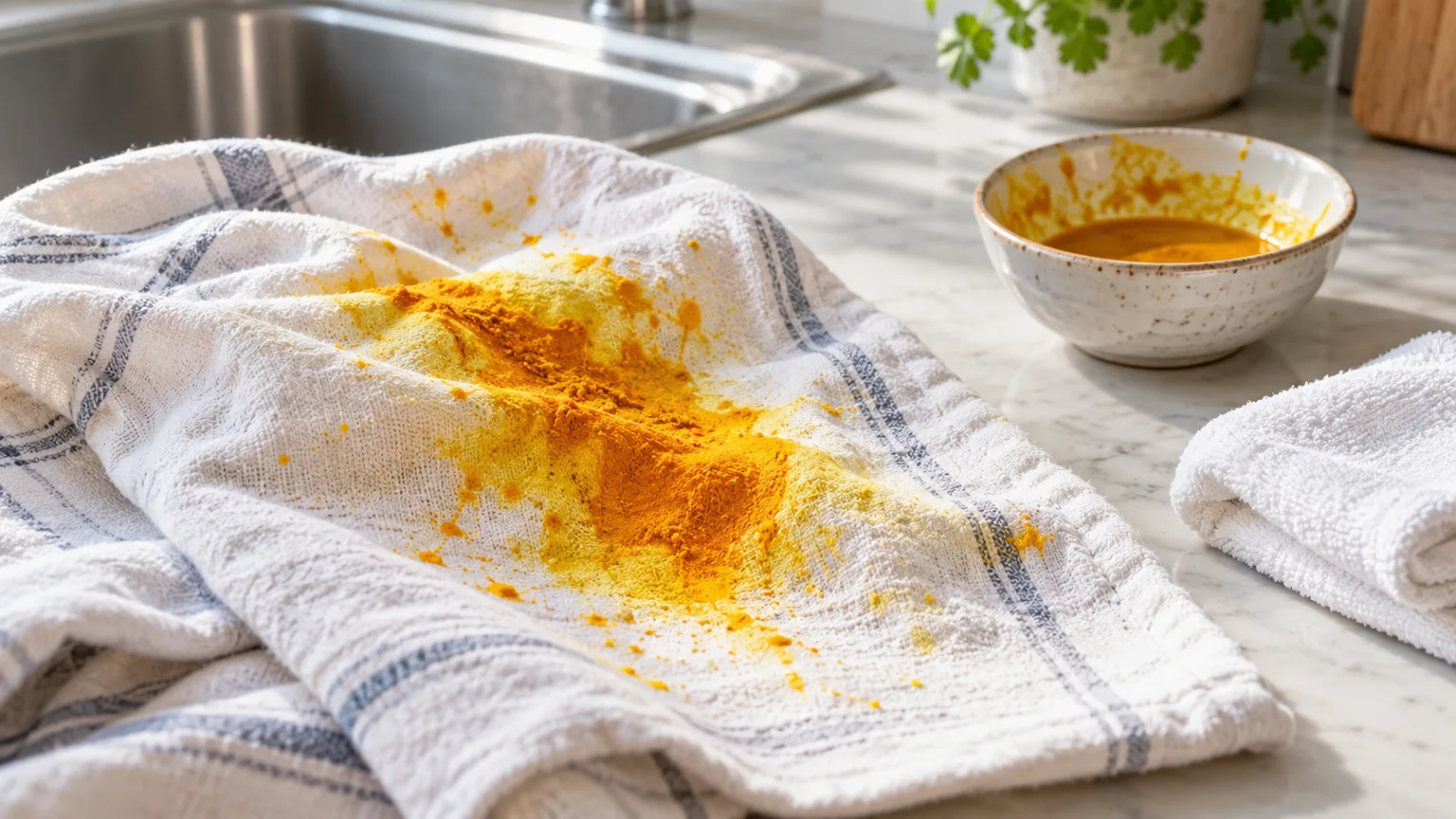 Vivid yellow-orange turmeric stain on a white kitchen towel beside a bowl of curry