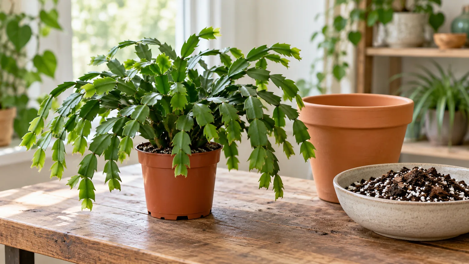 A segmented Christmas cactus beside a slightly larger pot and airy potting mix