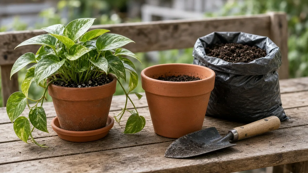 Healthy houseplant beside a fresh pot during repotting