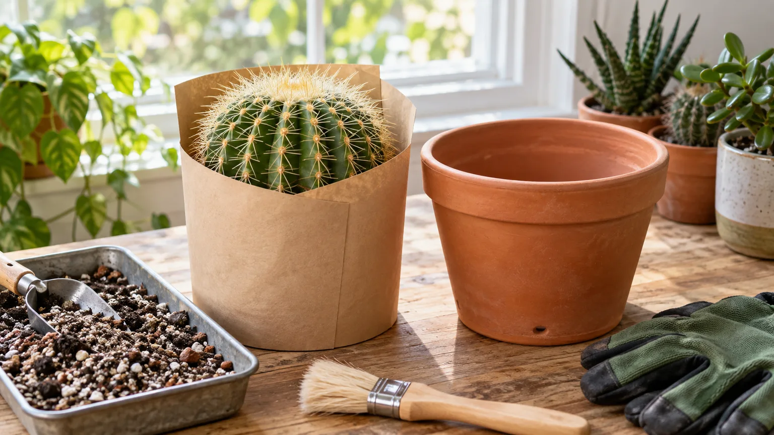 A cactus wrapped in plain paper beside a terracotta pot and gritty soil