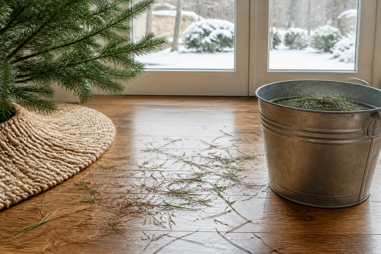 Green and brown Christmas tree needles collected in a metal bucket beside a tree skirt on a hardwood floor