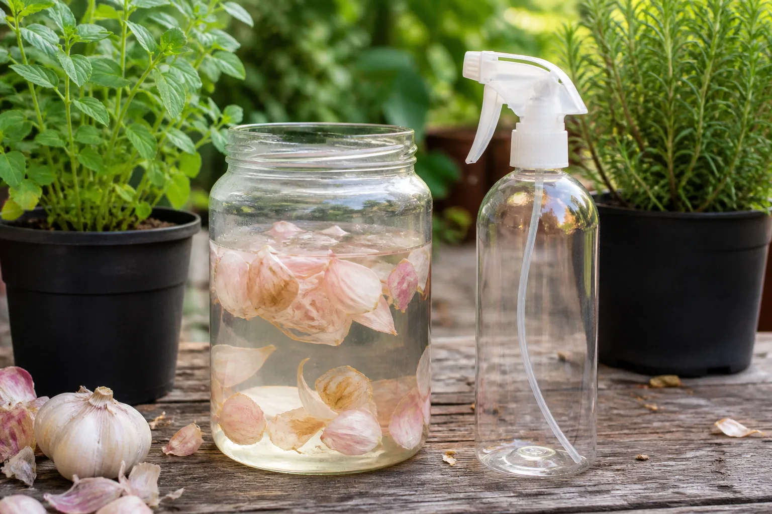 Glass jar of lukewarm water steeping papery garlic skins beside an empty spray bottle on a garden potting bench
