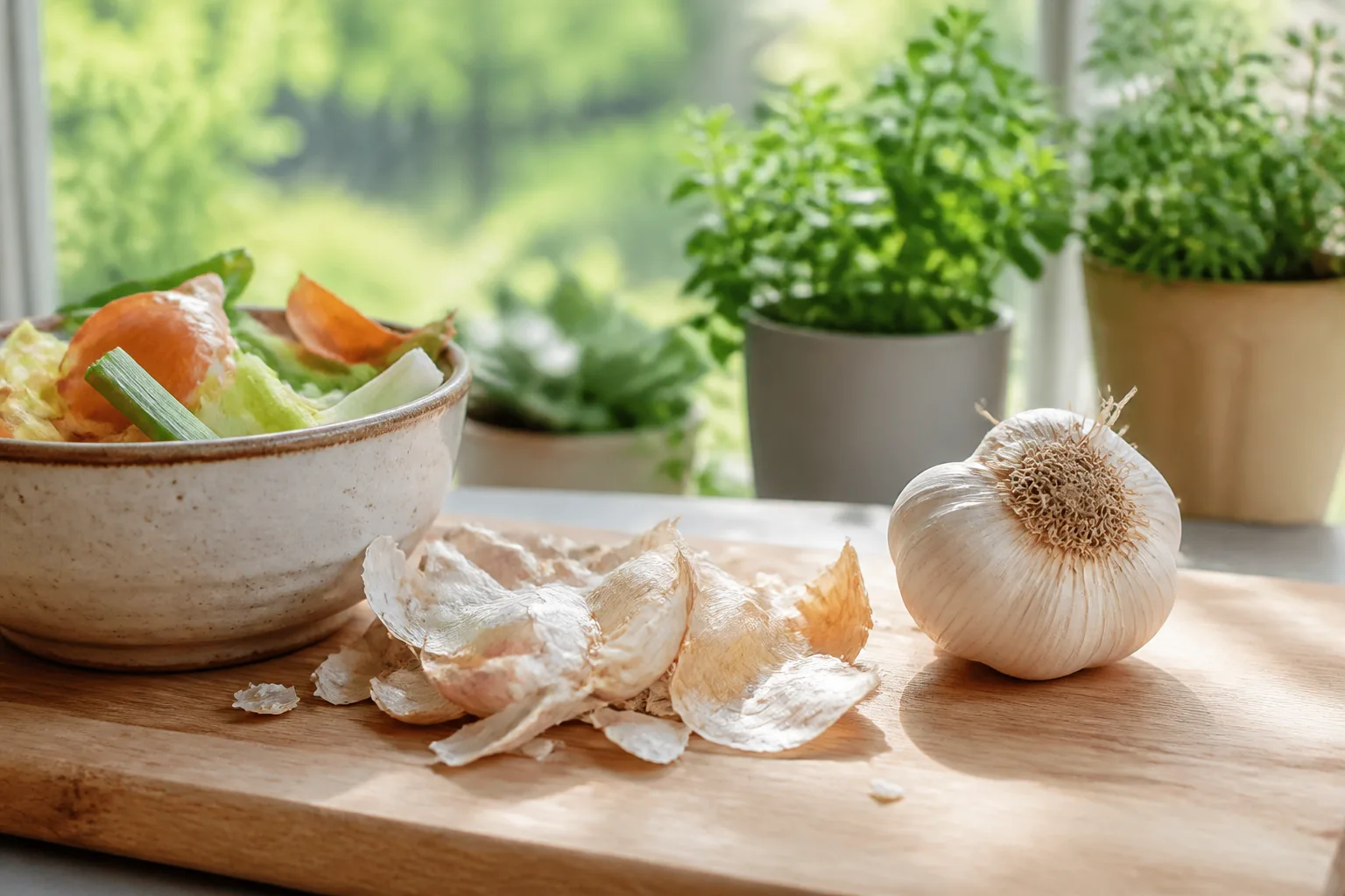 Papery garlic peel wrappers on a kitchen cutting board beside a whole garlic bulb with garden herbs visible through a sunny window