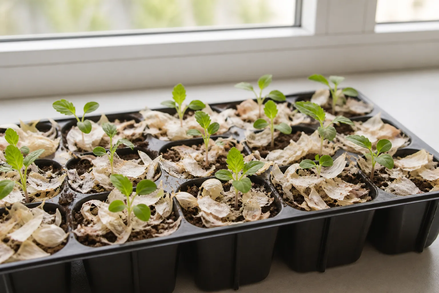 Indoor seedling tray with small green sprouts topped by a thin layer of papery garlic peel mulch on the potting mix
