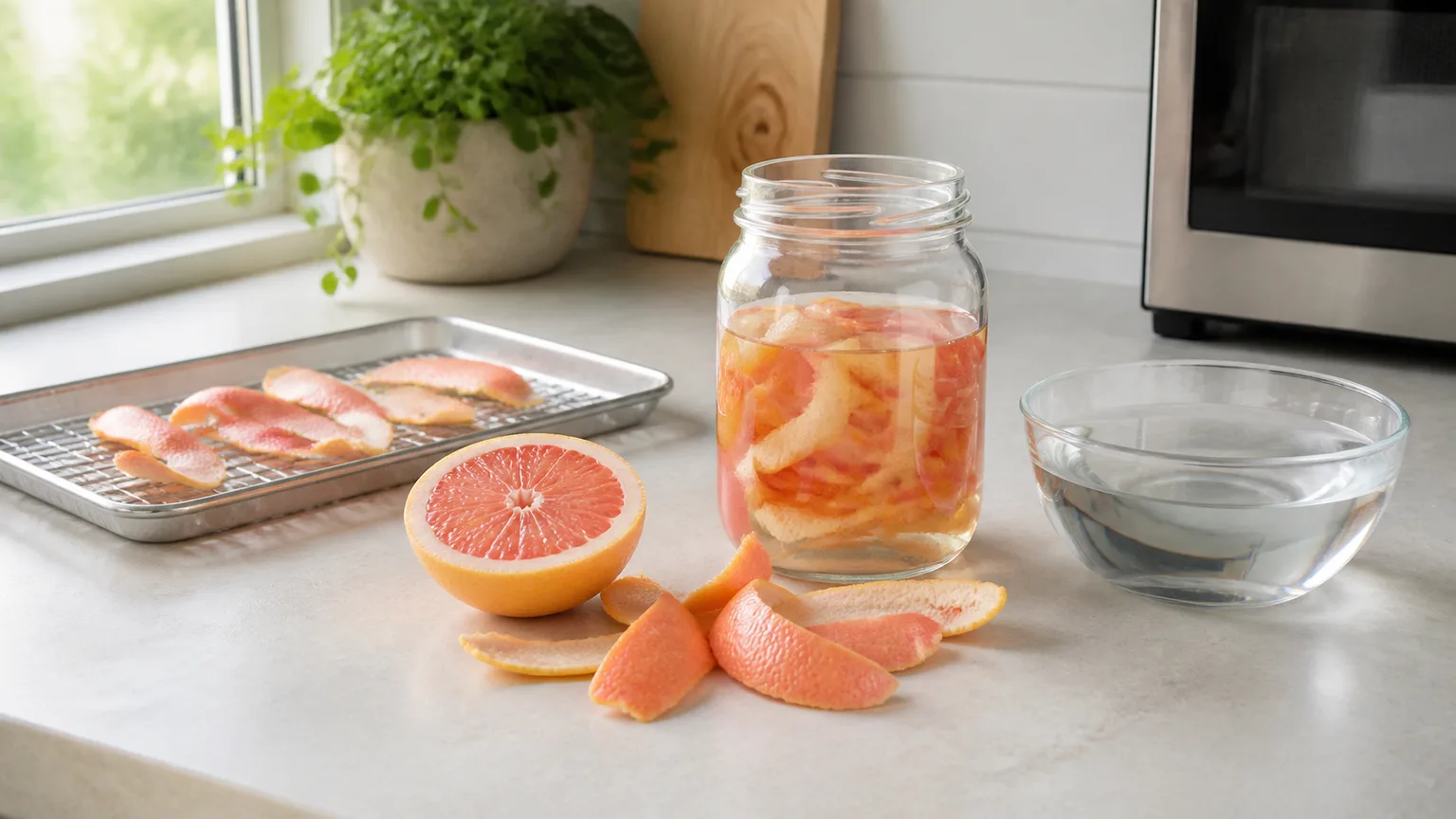 Grapefruit peels arranged for drying, vinegar infusion, microwave steaming, and household reuse on a kitchen counter