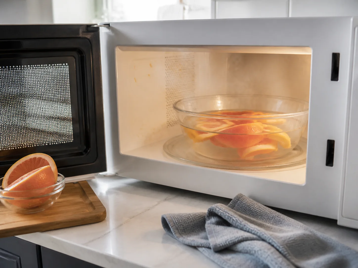 Microwave-safe glass bowl with grapefruit peels and water steaming inside a microwave