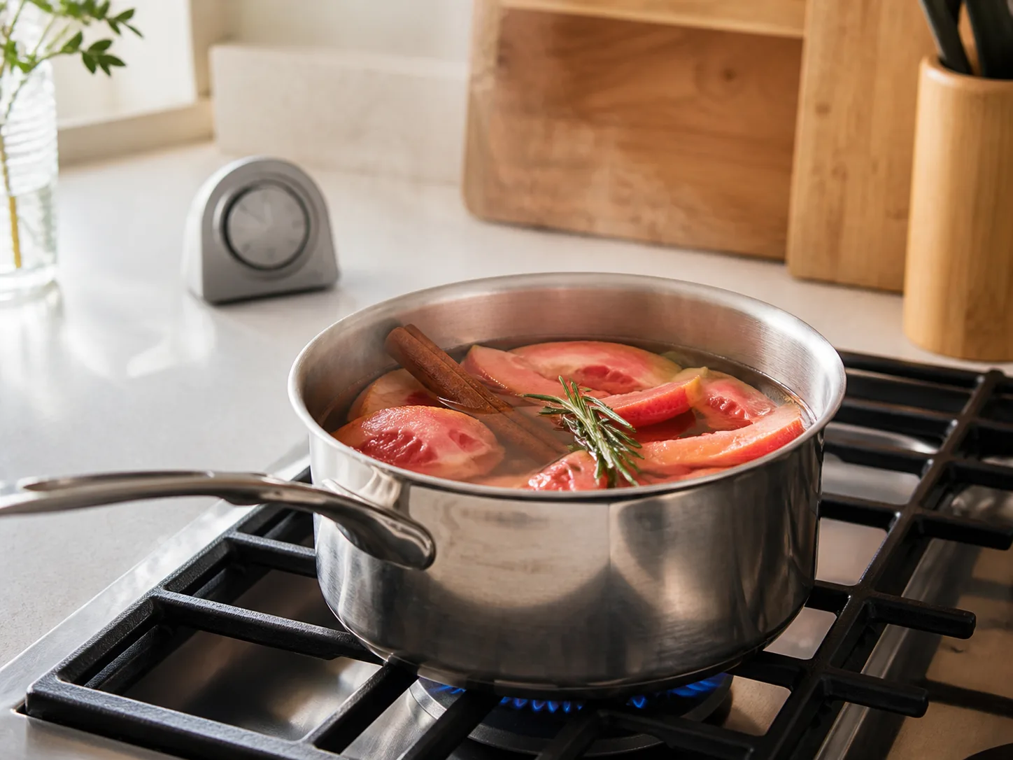 Grapefruit peels and rosemary simmering with cinnamon in a stable saucepan on a stovetop