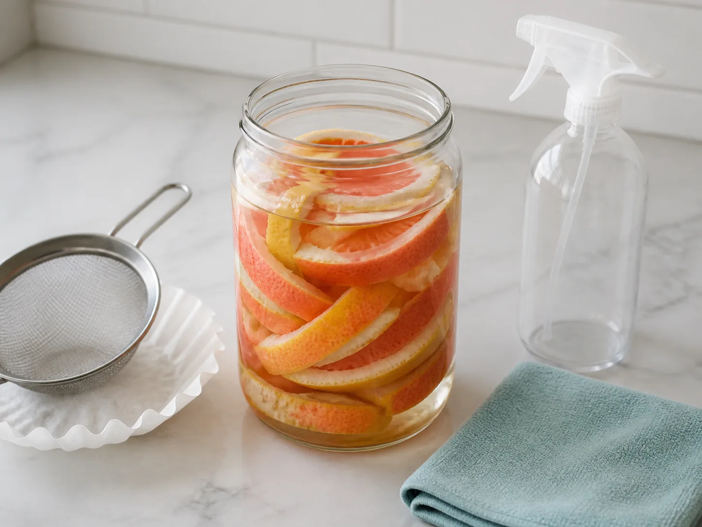 Grapefruit peel strips steeping in vinegar beside a strainer, spray bottle, and microfiber cloth