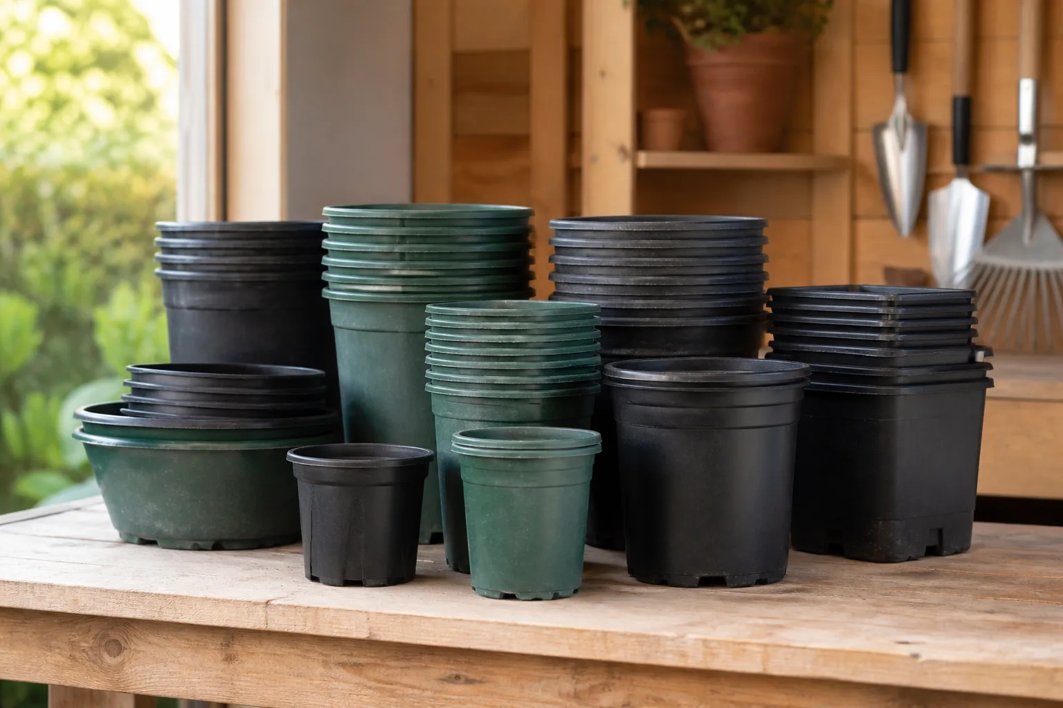Nested stack of empty black and green plastic nursery pots on a wooden potting bench in bright daylight