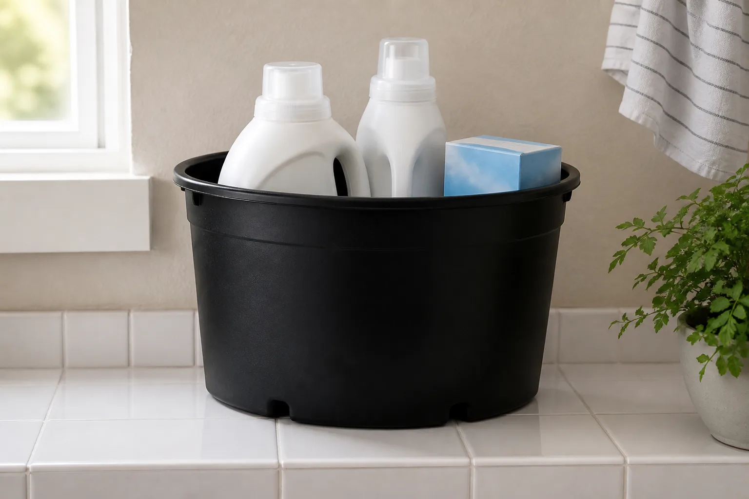 Gallon plastic nursery pot holding laundry detergent bottles and dryer sheets on a laundry room shelf