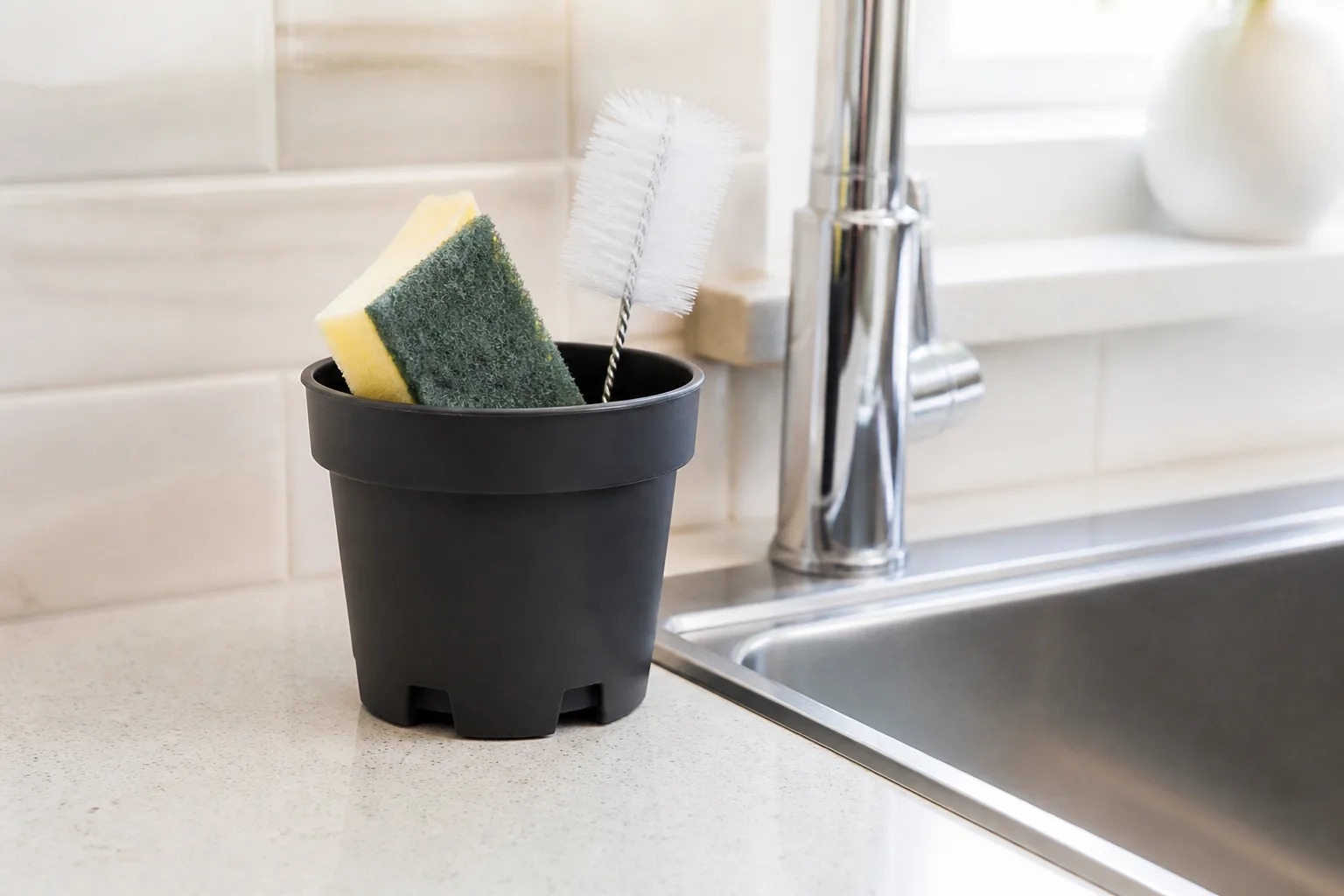 Small plastic nursery pot repurposed as a kitchen sink caddy holding a dish sponge and bottle brush