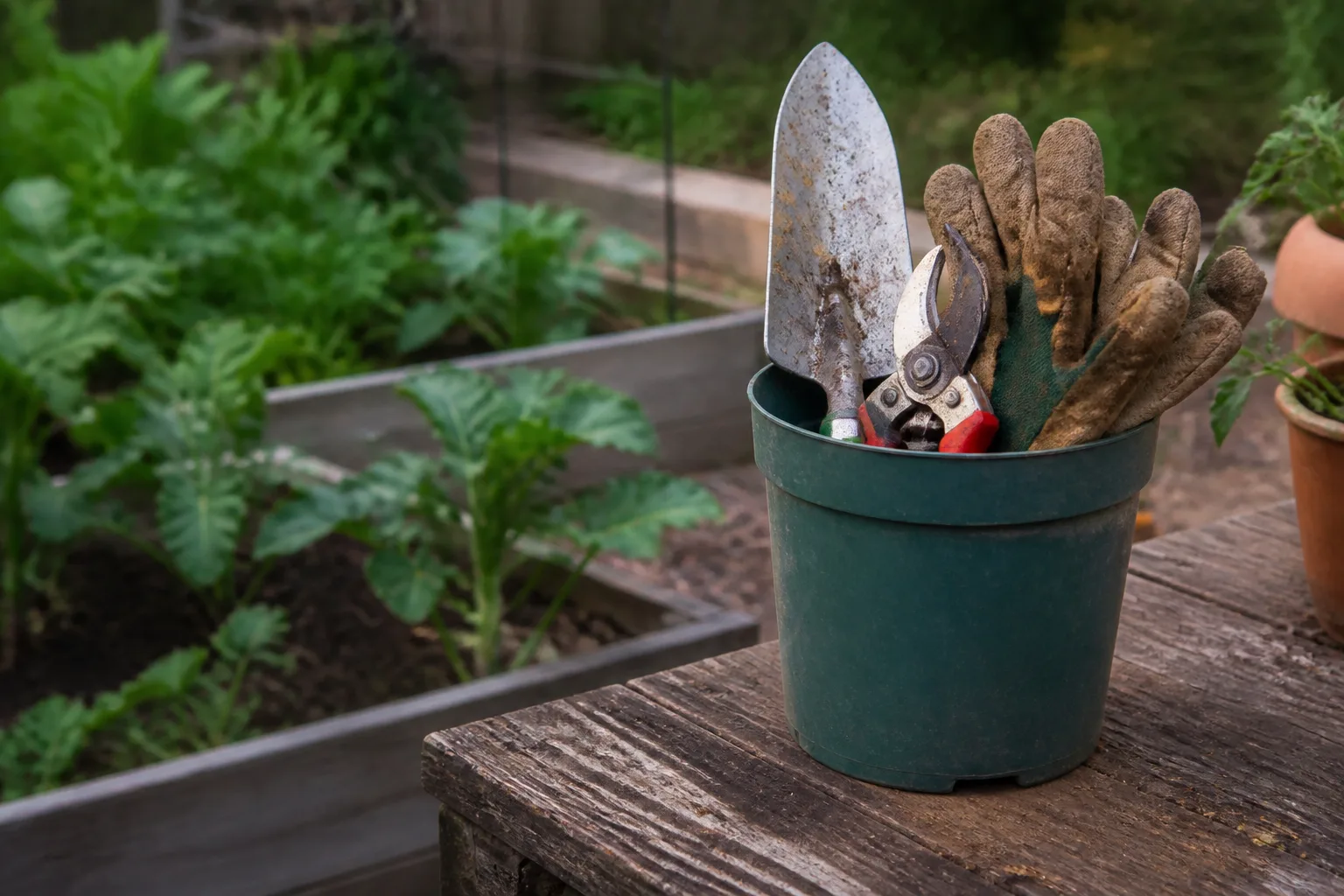 Plastic nursery pot used as a garden tool caddy with trowel, pruners, and gloves on a potting bench