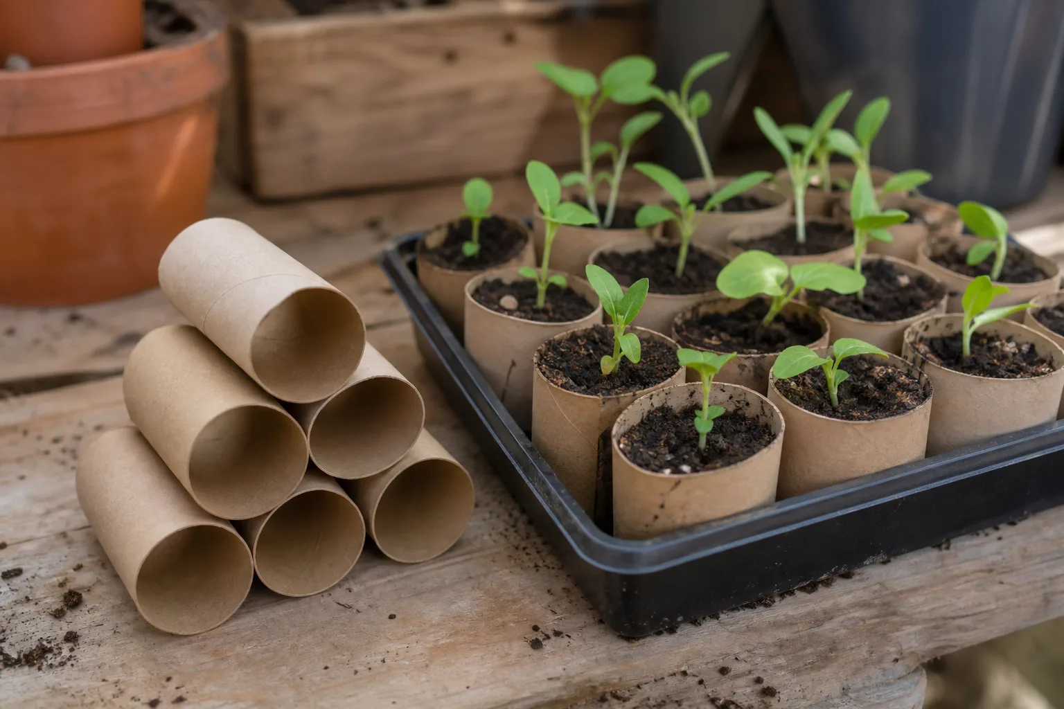 Stack of empty brown cardboard toilet paper tubes beside a seed tray of upright roll pots with seedlings on a wooden potting bench